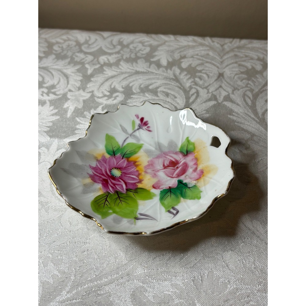 Vintage Hand Painted Japan Porcelain Floral Leaf Trinket Dish Gold Rim Scalloped